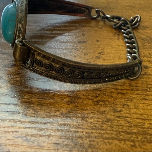 Celtic Tribal Inspired Etched Metal Bracelet Brass Tone Faux Turquoise Clasp - Picture 4 of 6